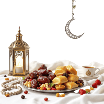 Ramadan islamic food with moon and lantern png