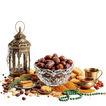 Ramadan islamic food with a lantern and a bowl of dates png