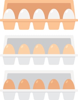 Set of chicken eggs in white, brown and light brown colors in egg trays with open covers . vector