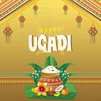 Happy Ugadi. Celebrate the New Year with joy and prosperity. A festive card with elegant typography, honoring Karnataka and Andhra Pradesh traditions. vector