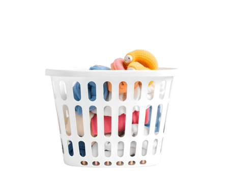 Plastic basket full of colorful clothes, isolated on transparent background png