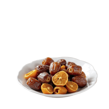A plate of dates and oranges on a black background png