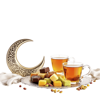 Two cups of tea and a crescent on a plate png