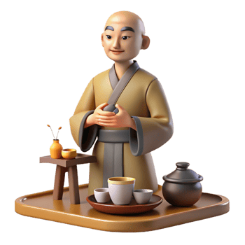 beautiful contemporary 3D Illustration Monk Tea Ceremony original png