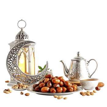 A silver crescent with dates, nuts and a tea pot png