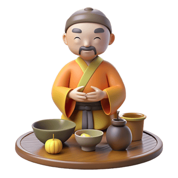 extraordinary minimalist 3D Cartoon Monk Tea Ceremony Illustration 4K png
