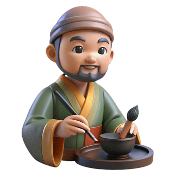 serene classic 3D Cartoon Asian Calligrapher Illustration original png