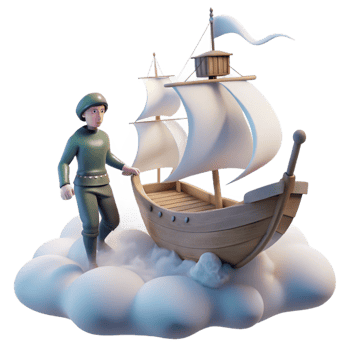serene creative 3D Cartoon Soldier and Wooden Sailing Ship on Clouds authentic png