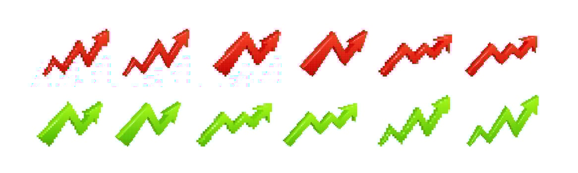 Pixel art arrows pointing upward in red and green colors indicating growth and progress vector