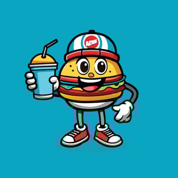 Cartoon Hamburger Donning a Cap Sipping Soda Delightfully vector