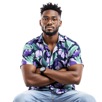 A man in a floral shirt and jeans sitting on a chair png