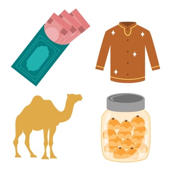 Camel money, shirt, and jar of dates. Perfect for financial, fashion, or foodrelated designs with a Middle Eastern flair. vector