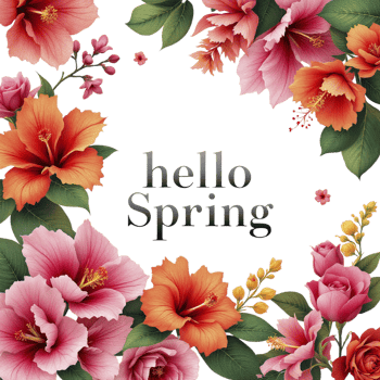 Flowers and leaves on black background with the word hello spring png