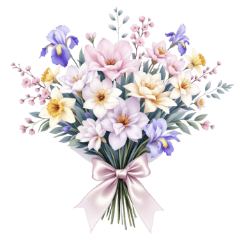 A bouquet of flowers with a ribbon on a black background png