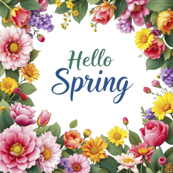 Flowers and leaves on black background with the word hello spring png