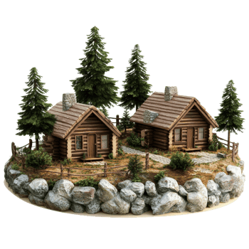 Charming rustic log cabins nestled among tall trees and boulders on a transparent transparent landscape, 3D Rustic Log Cabins Surrounded by Nature on transparent background png
