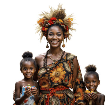 A woman and two children in traditional clothing png