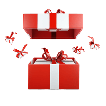 Red gift box overflowing with transparent present boxes and colorful bows in a festive display, transparent gift boxes pop out from red open gift box isolated on transparent png