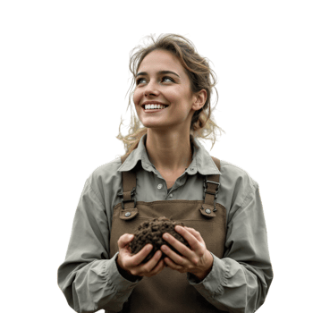 A woman in an apron holding a soil sample png