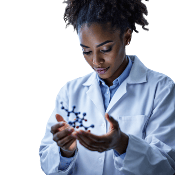 A woman in a lab coat holding a molecule png