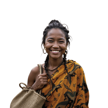 A smiling woman in a sari holding a basket png