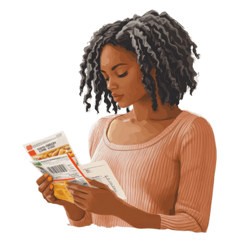 Woman examining a grocery receipt while shopping in a supermarket on a busy afternoon, file no background Woman checking a grocery receipt png