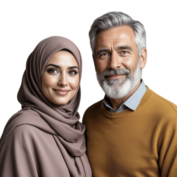 An older man and woman wearing hijab png