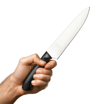 A persons hand firmly grips a kitchen knife against a plain transparent background showcasing essential culinary tools, Hand holding kitchen knife on transparent background png