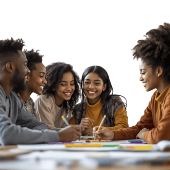 A group of young people sitting around a table png