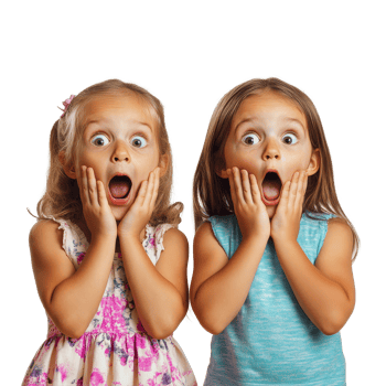Two amazed young girls express joy and surprise together in a playful moment against a bright background, two amazed kids girls friends, file of isolated object on transparent background png