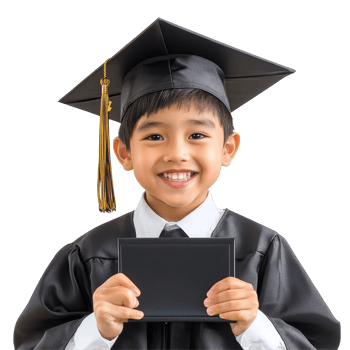 Happy Asian school child proudly holding his graduation certificate while wearing a cap and gown in celebration, Happy Asian school kid graduate holding graduation cap isolated transparent background png