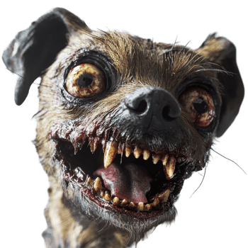 A scary zombie dog with grotesque features and fierce expression isolated on a plain transparent background, Scary zombie dog on transparent background png