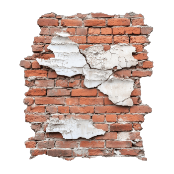Weathered red brick wall with cracks and peeling plaster revealing layers of history and age under soft light, Ruined, collapsed, cracked, or broken weathered red brick wall transparent background png