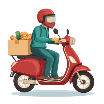 Food delivery rider on a scooter transporting fresh groceries in a busy urban area during the day, food delivery in scooter on transparent background png