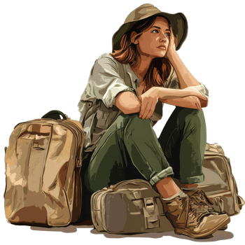 Tired traveler woman sitting on her backpack, reflecting on her journey after a long day of exploring the outdoors, file no background Tired traveler woman waiting alone png