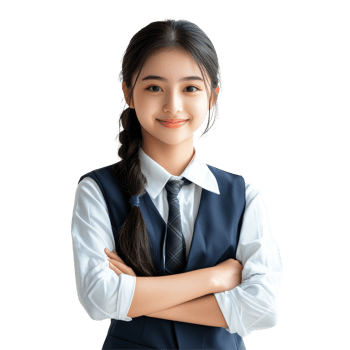 Happy Asian student girl wearing a school uniform with arms crossed, smiling confidently, Happy braces Asian student girl in school uniform arm crossed png
