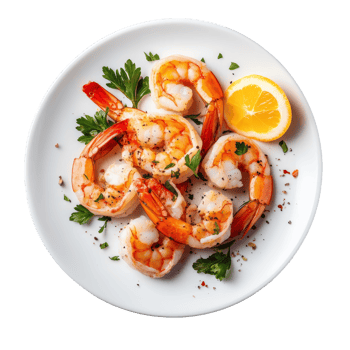 Juicy cooked shrimps garnished with parsley and lemon slices on a clean transparent plate ready for dining, Cooked shrimps on transparent background png