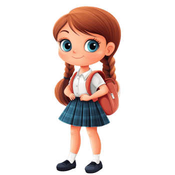 Cheerful little school girl with pigtails, wearing a plaid skirt and backpack, ready for a day of learning, little school girl illustrationisolated on transparent background png