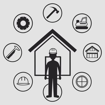 Construction Worker Silhouette with Tools and House Framing Icons vector