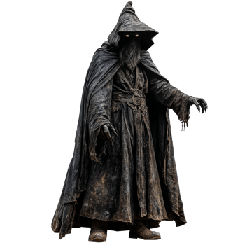Scary sorcerer wearing a dark cloak and hood stands menacingly against a transparent background in a mystical setting, Scary Sorcerer Isolated on transparent background png