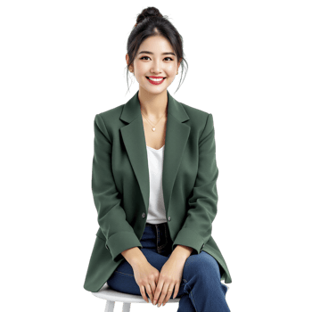 Asian woman in green blazer sitting on chair png