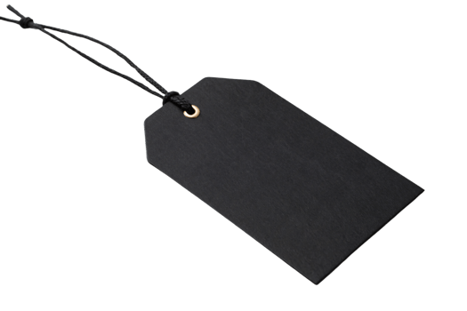 A black tag with a gold-reinforced hole, tied with a black string, representing luxury, sophistication, and exclusivity png