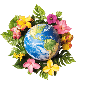 A vibrant earth globe surrounded by tropical flowers on a transparent background, symbolizing natures beauty and diversity, earth globe surround by tropical flowers transparent background png
