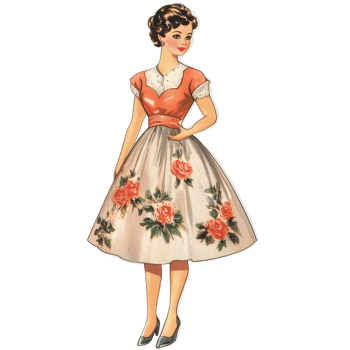Charming vintage paper doll in floral dress showcasing 1950s fashion design and elegance, This vintage paper doll exudes the charm of the 1950s era transparent or transparent background backdrop png