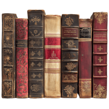 Vintage books with intricate bindings arranged on a transparent background showcasing classic literature styles, Vintage Book s in Various Bindings on transparent background png