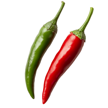 Vibrant red and green chili peppers lie side by side on a clean transparent background ready for culinary use, Red and Green Chili Peppers on transparent background png