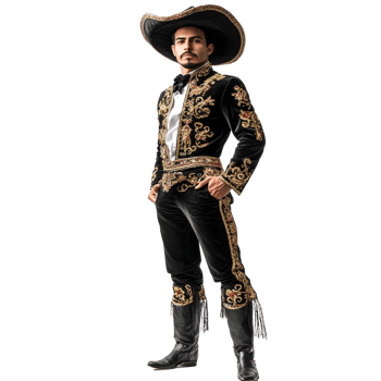 A Mexican man in a traditional charro suit and black boots stands confidently for a portrait, a mexican man wear Charro suit with black boot isolated on transparent background png