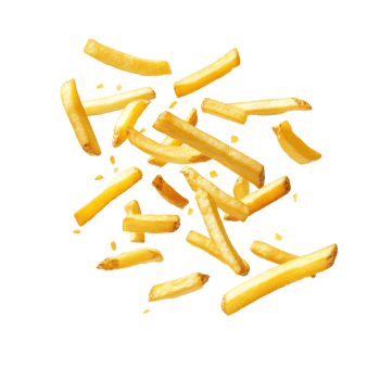 Levitation of crispy French fries captured against a clean transparent background showcasing their deliciousness, Levitating French fries flying isolated transparent background png