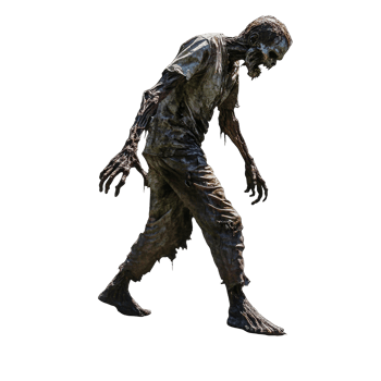 Fullheight depiction of a walking zombie isolated on transparent background during twilight hours, walking zombie in full height, file of isolated object with shadow on transparent background png