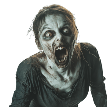 A terrifying female zombie screams in horror against a transparent background, showcasing chilling details and expressions, Terrifying Female Zombie on transparent background png